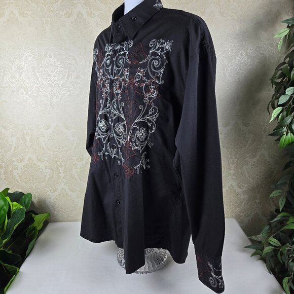 Milano Moda Size 2XL Button Up Shirt Black with White Brown Embroidery - Picture 7 of 13